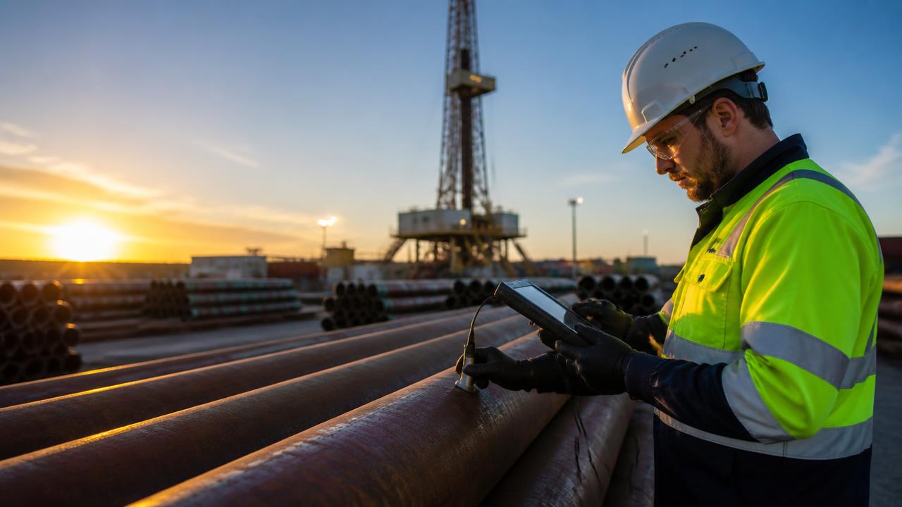 Engineer inspecting drilling tubular assets with a tablet and ultrasonic gauge at an oilfield yard